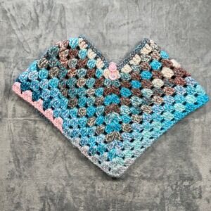 Handmade Crochet Poncho Shall Girls Blue Pink Brown Cream Button Neck Boho